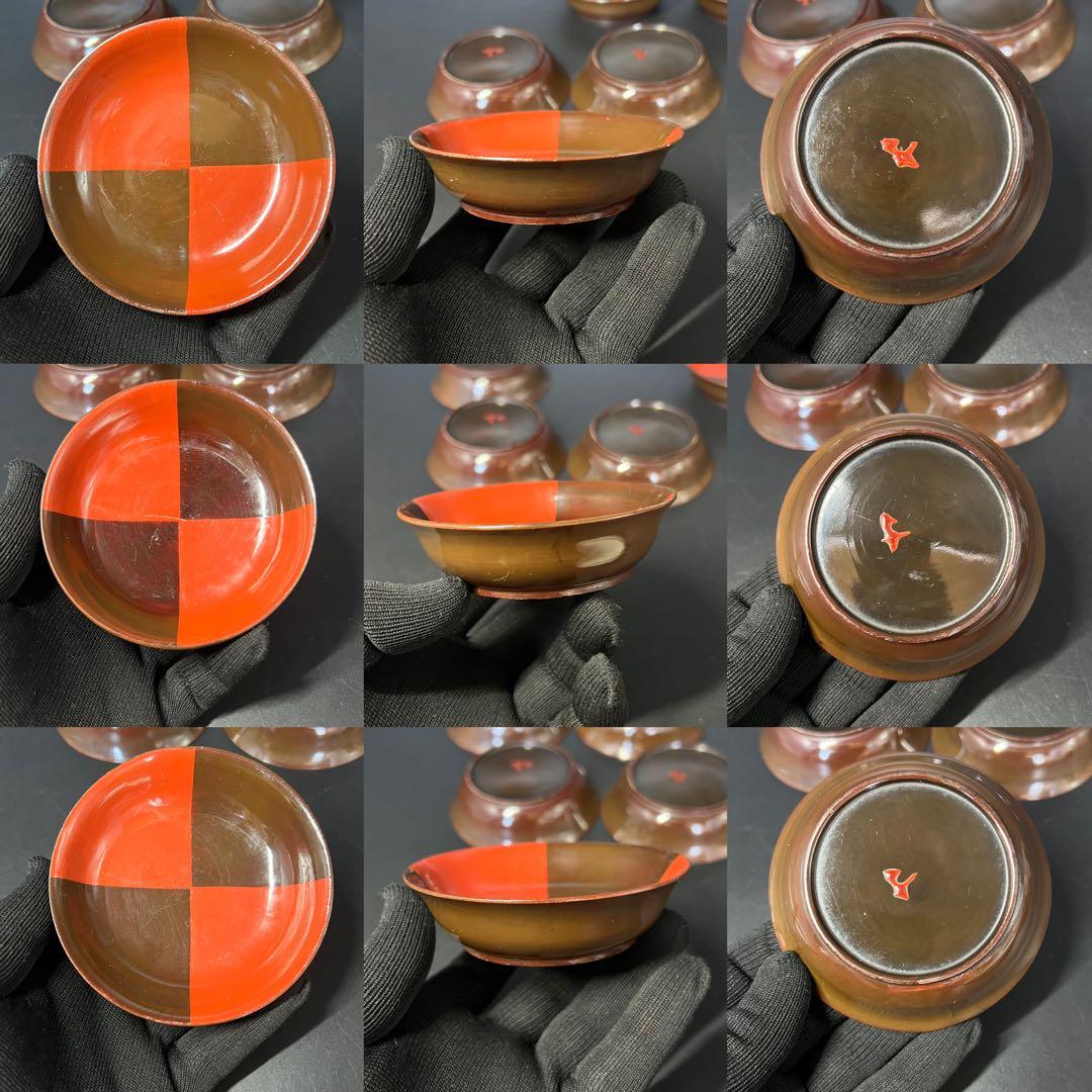 江戸後期 朱黒市松文 片身替 菓子皿 五客揃い 数寄者好み 漆皿 漆器 茶道具