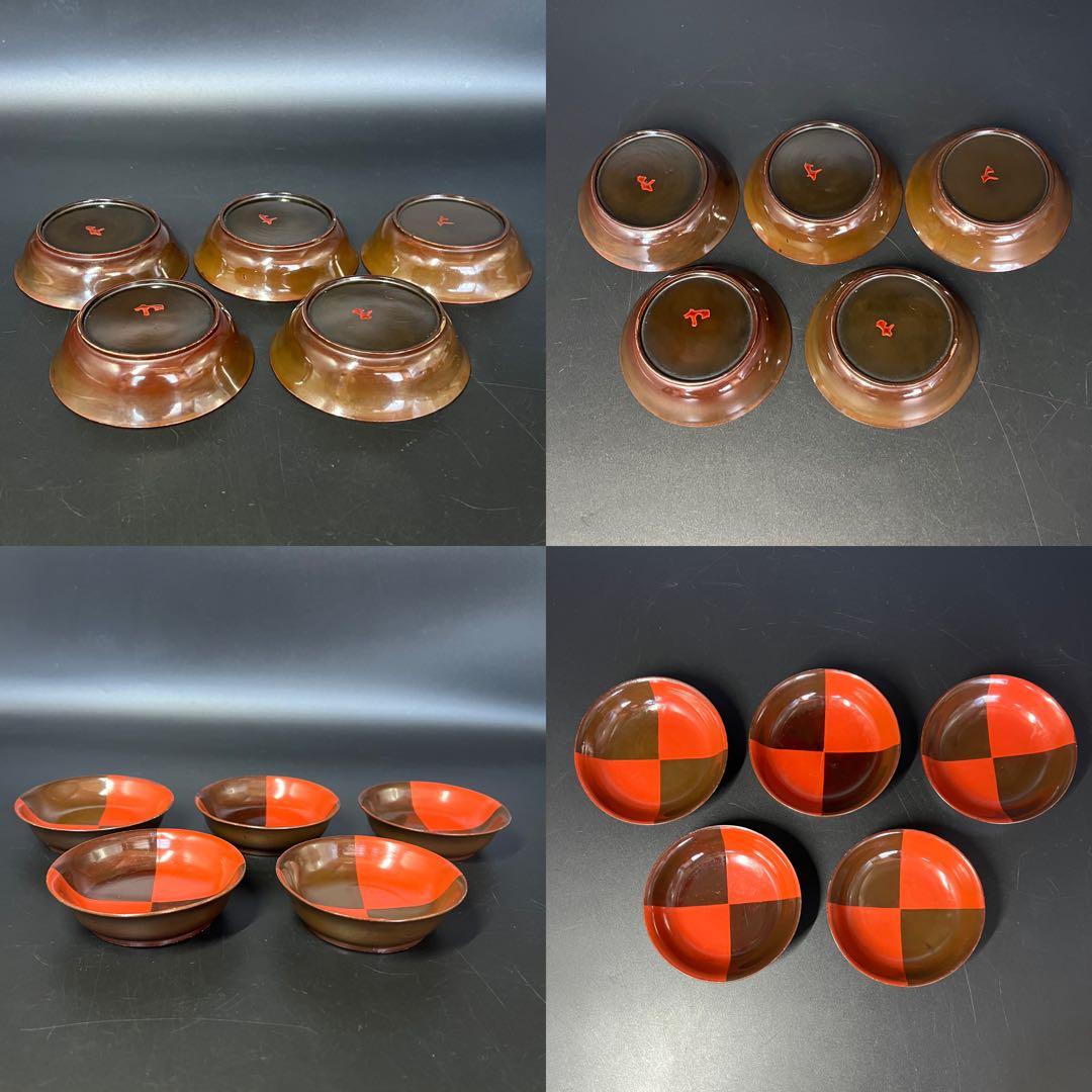 江戸後期 朱黒市松文 片身替 菓子皿 五客揃い 数寄者好み 漆皿 漆器 茶道具