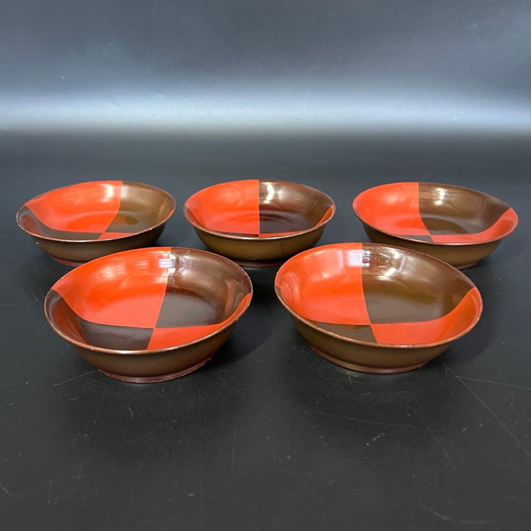 江戸後期 朱黒市松文 片身替 菓子皿 五客揃い 数寄者好み 漆皿 漆器 茶道具