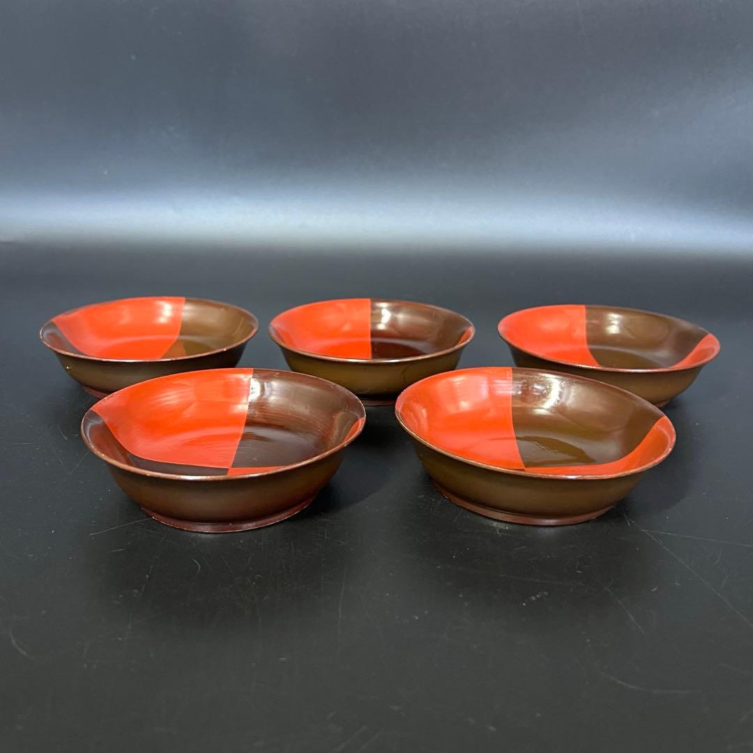 江戸後期 朱黒市松文 片身替 菓子皿 五客揃い 数寄者好み 漆皿 漆器 茶道具