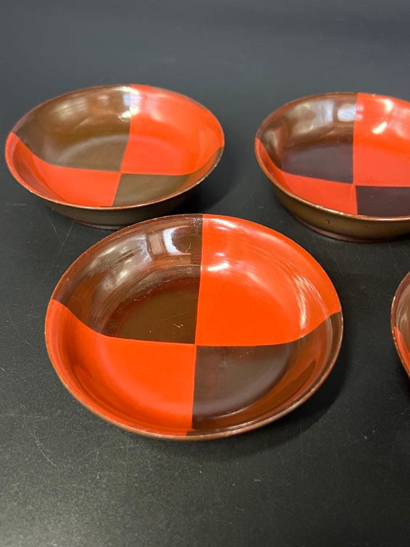 江戸後期 朱黒市松文 片身替 菓子皿 五客揃い 数寄者好み 漆皿 漆器 茶道具