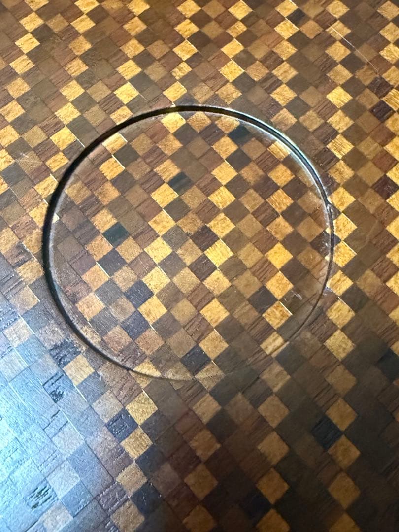 箱根細工　丸盆　市松模様　天然木　31センチ