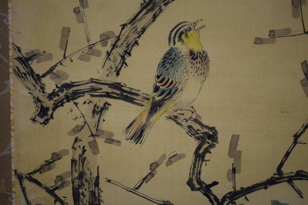 真作/山本梅逸/四季草花小禽図/桐太巻箱付/布袋屋掛軸HH-861