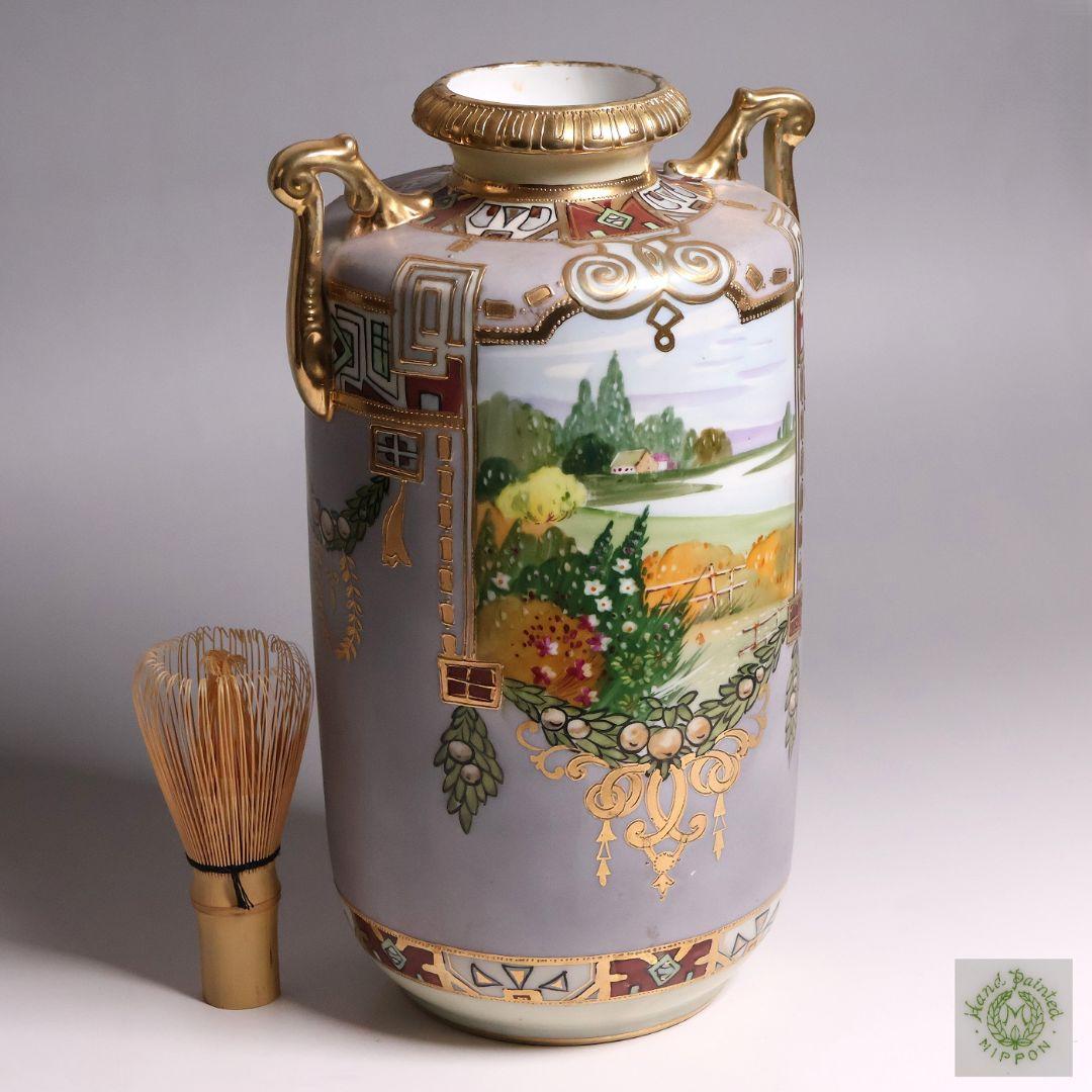 【CM318】オールドノリタケ パネル風景 耳付 花瓶 金彩 金盛 明治