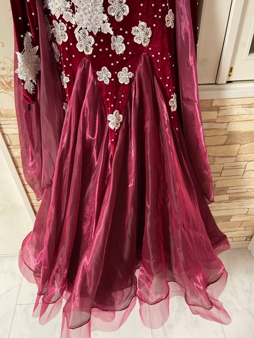 ワインレッド フレアドレス 社交ダンス衣装