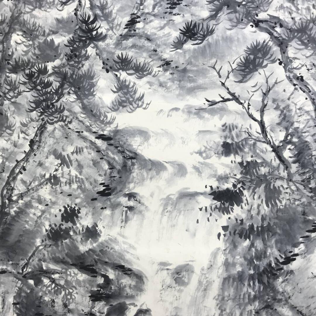 真作/河村李軒/滝山水図/水墨山水/山水図/掛軸/名家伝来AH-575