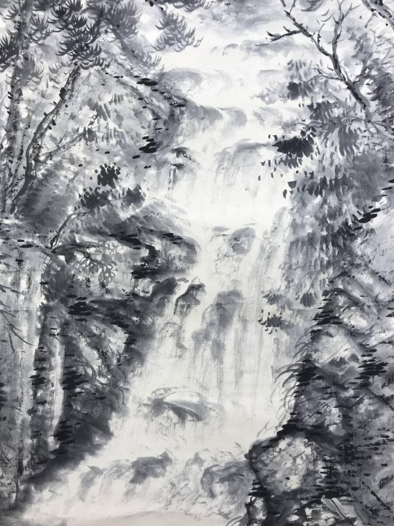 真作/河村李軒/滝山水図/水墨山水/山水図/掛軸/名家伝来AH-575