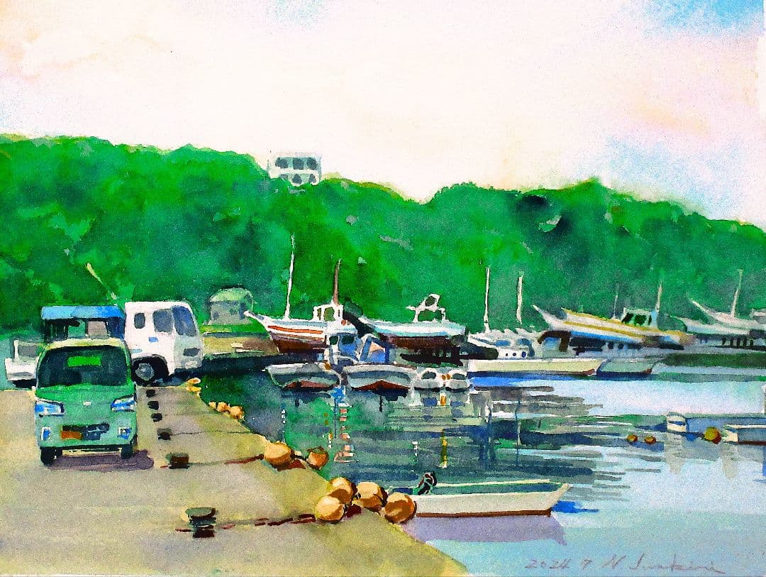 水彩画 港の風景(金田漁港) 額縁付き