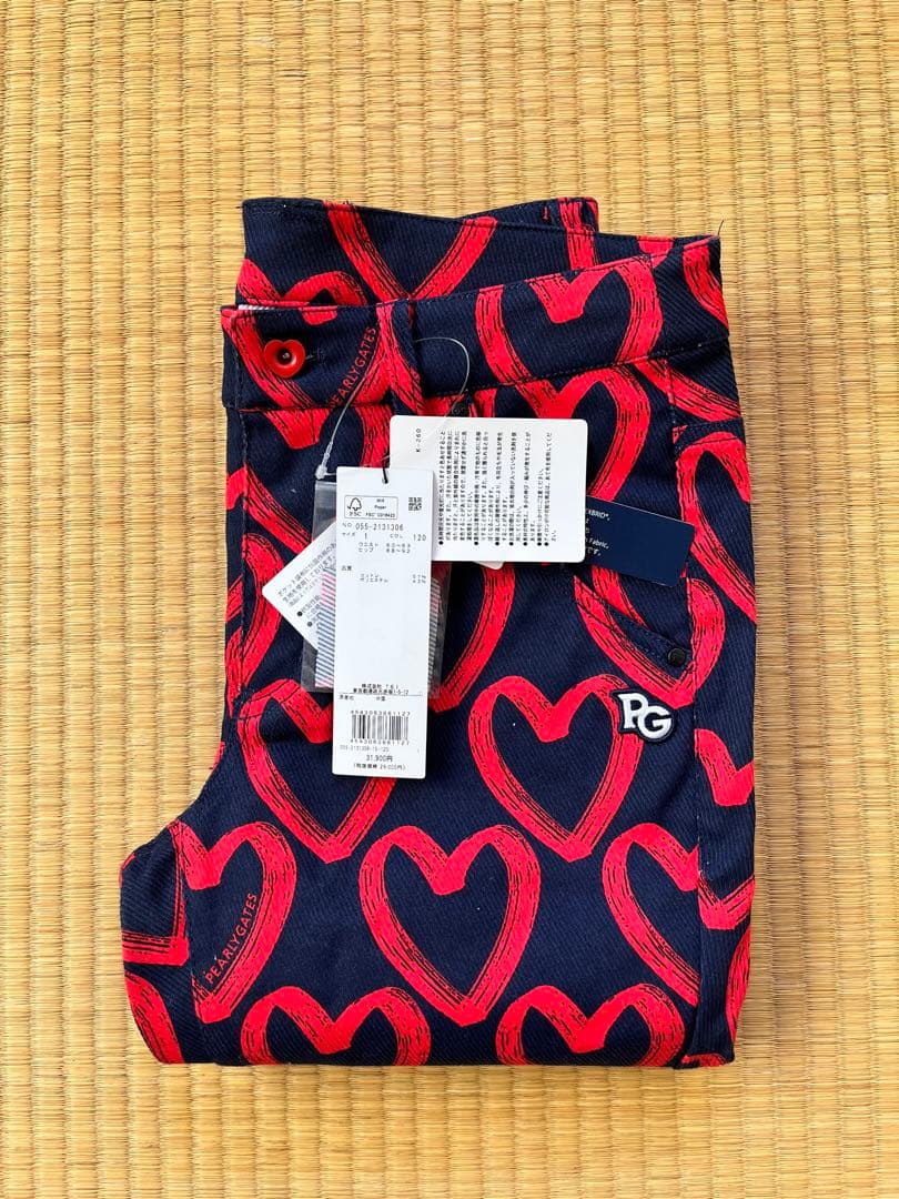 新品　PGレディース ゴルフパンツS ハート柄 ストレッチ ネイビー/レッド