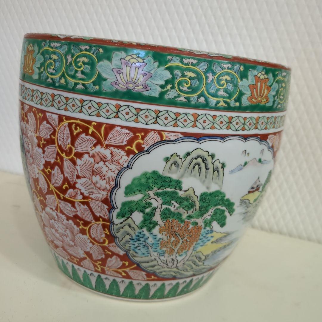 骨董 古伊万里 火鉢 十錦手 色絵 鉢カバー 睡蓮鉢 傘立て 金魚 めだか