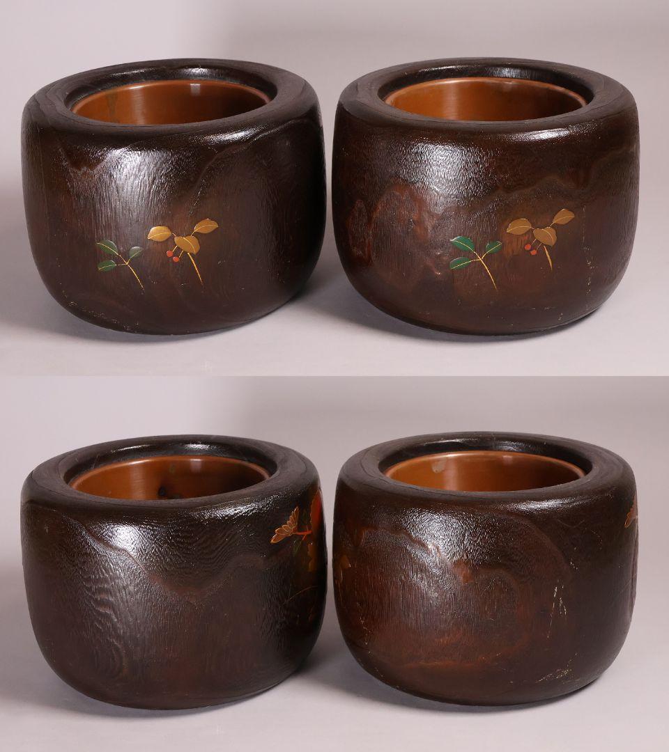 桐火鉢一対 菊蒔絵 草花 木箱入り 手あぶり 古民具 漆芸 茶道具【MB55】