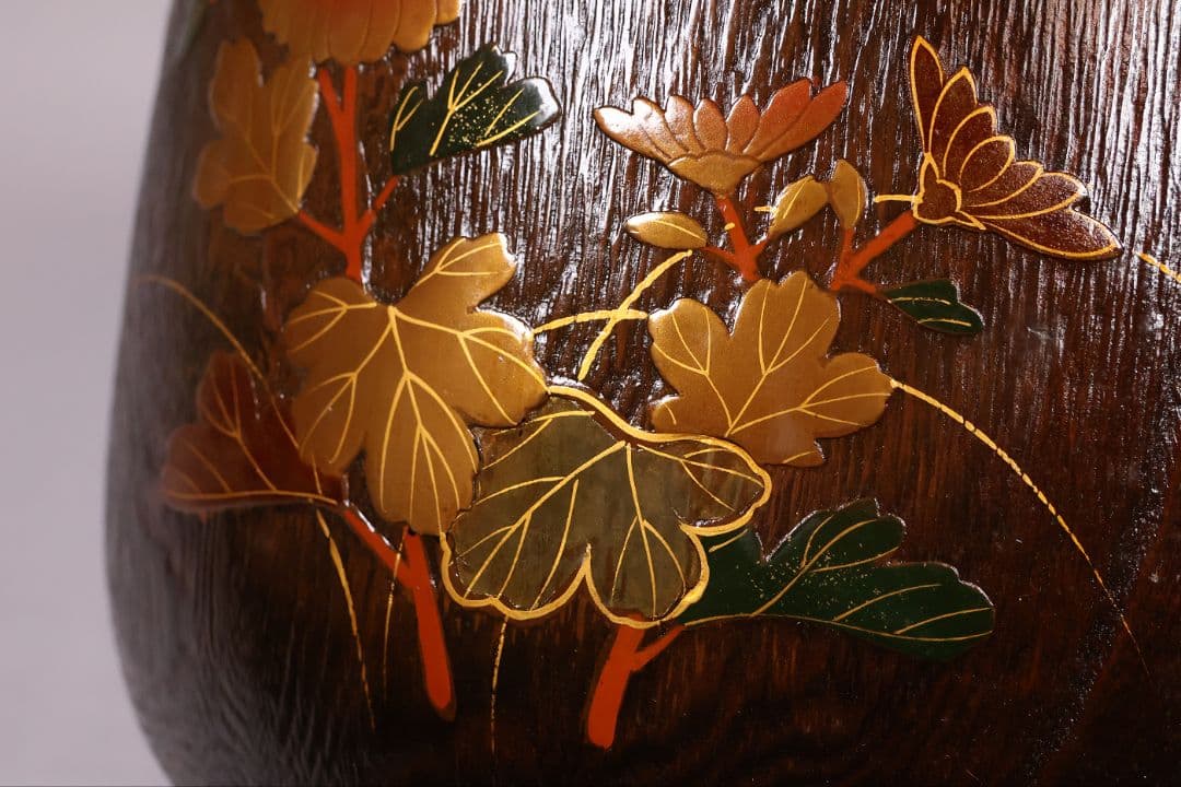 桐火鉢一対 菊蒔絵 草花 木箱入り 手あぶり 古民具 漆芸 茶道具【MB55】