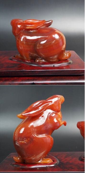 送料無料　名工土橋正市作　極上瑪瑙彫刻兎置物 共箱・作歴・証明書