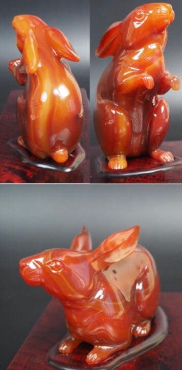 送料無料　名工土橋正市作　極上瑪瑙彫刻兎置物 共箱・作歴・証明書