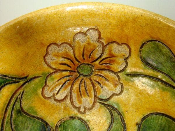 鉢■古い中国の花紋黄釉薬碗 菓子鉢 土物 丸鉢 古玩 唐物 中国 時代物 骨董■