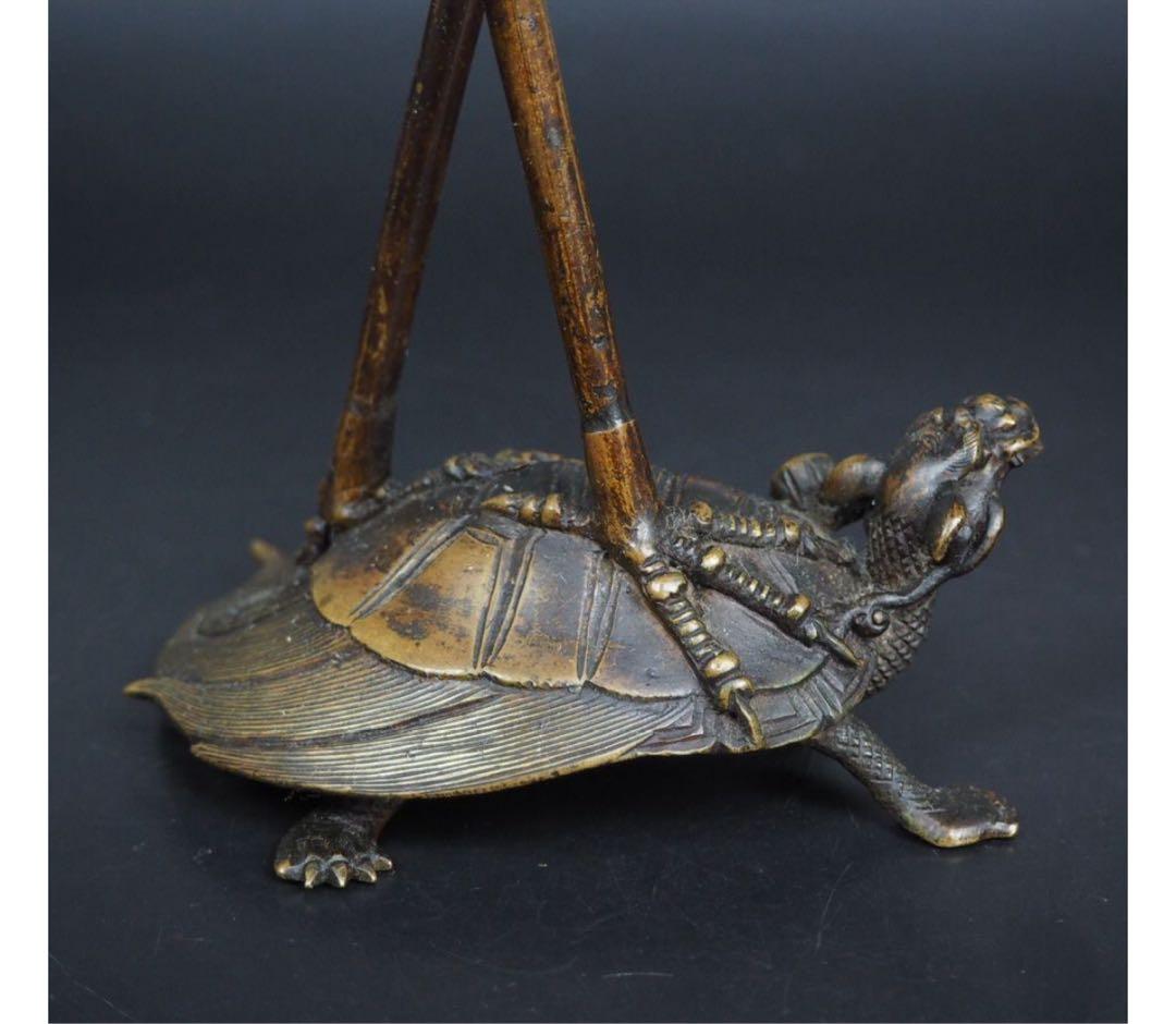 送料無料　江戸～明治時代　古銅鶴亀燭台　精巧細密作り　極上品　高29ｃｍ