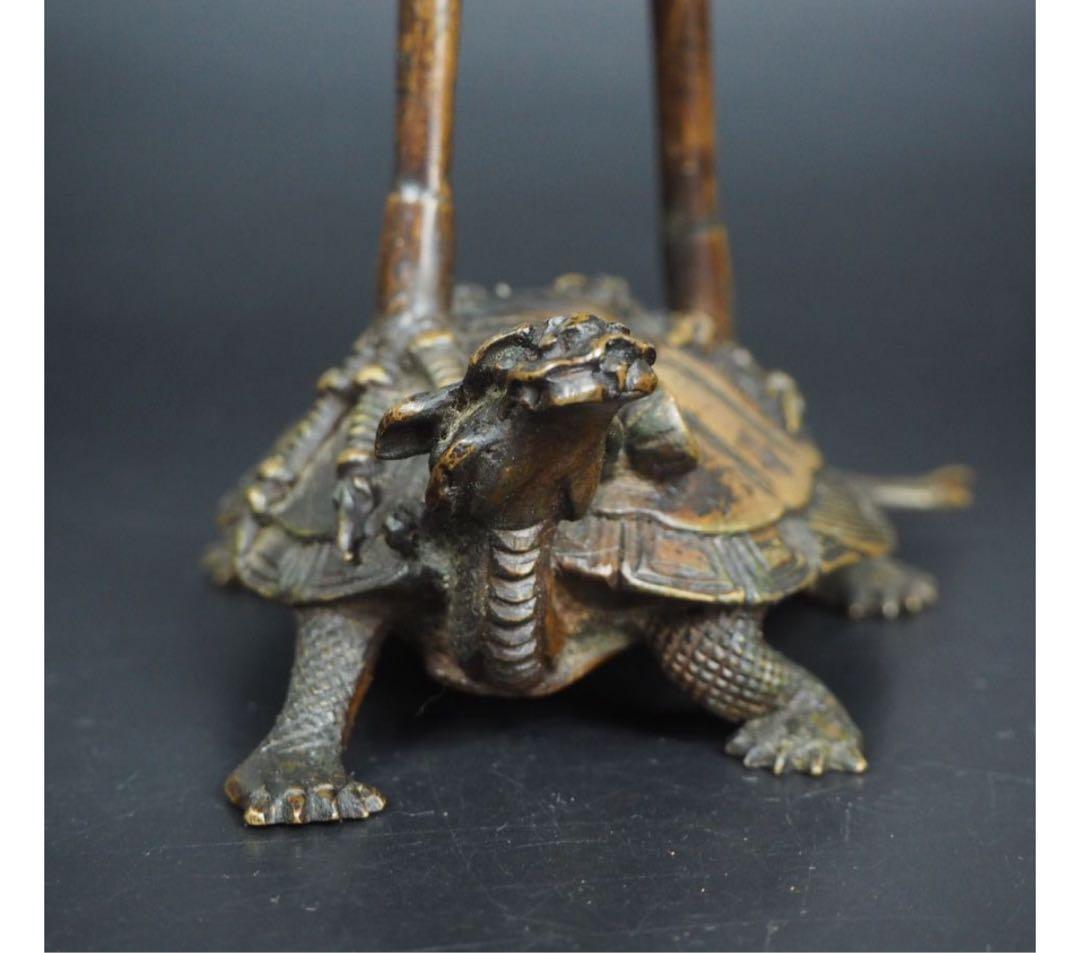 送料無料　江戸～明治時代　古銅鶴亀燭台　精巧細密作り　極上品　高29ｃｍ