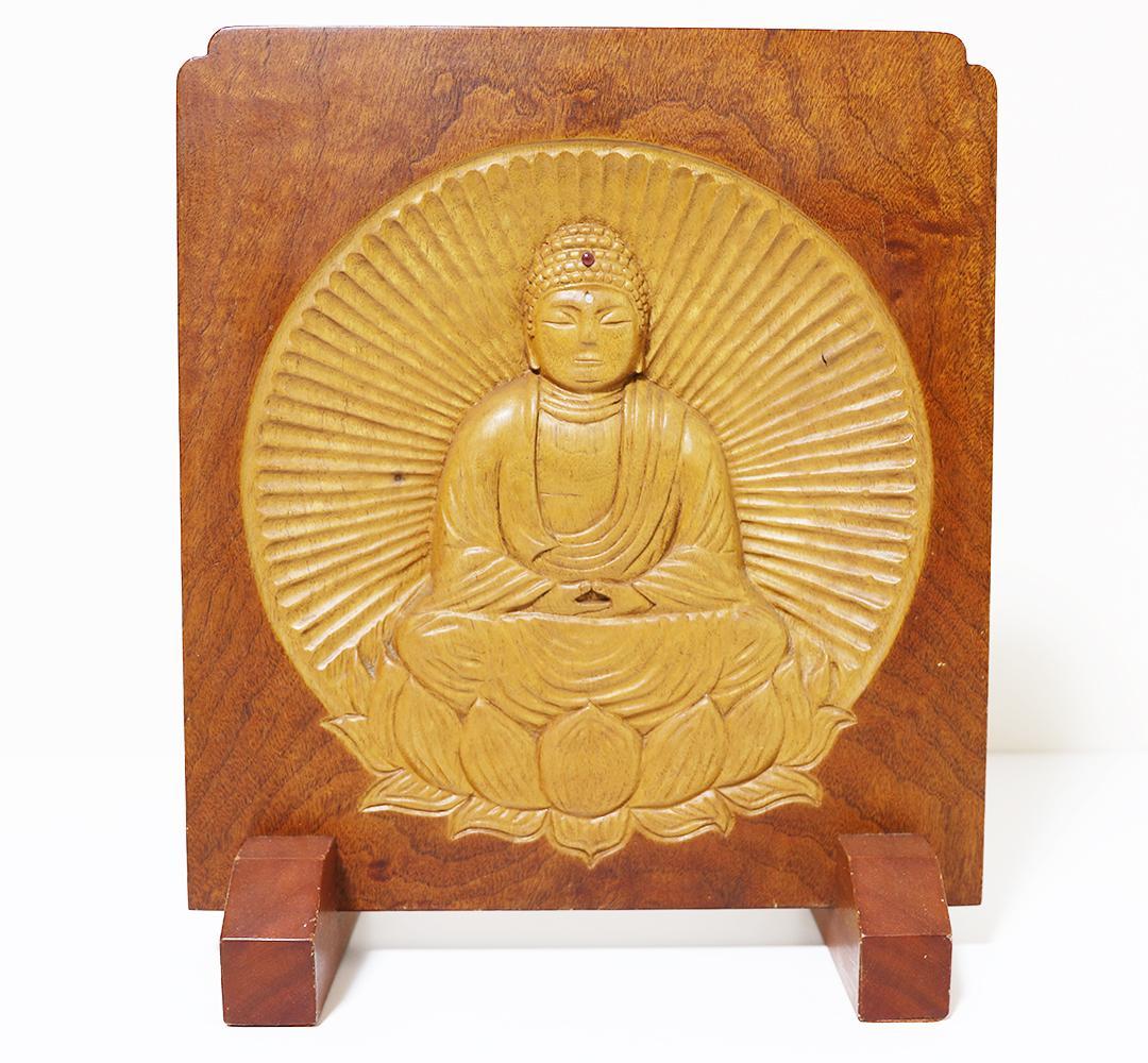 【衝立一体・手彫り】木彫 仏像 高さ36cm｜玄関・棚に置ける一点物