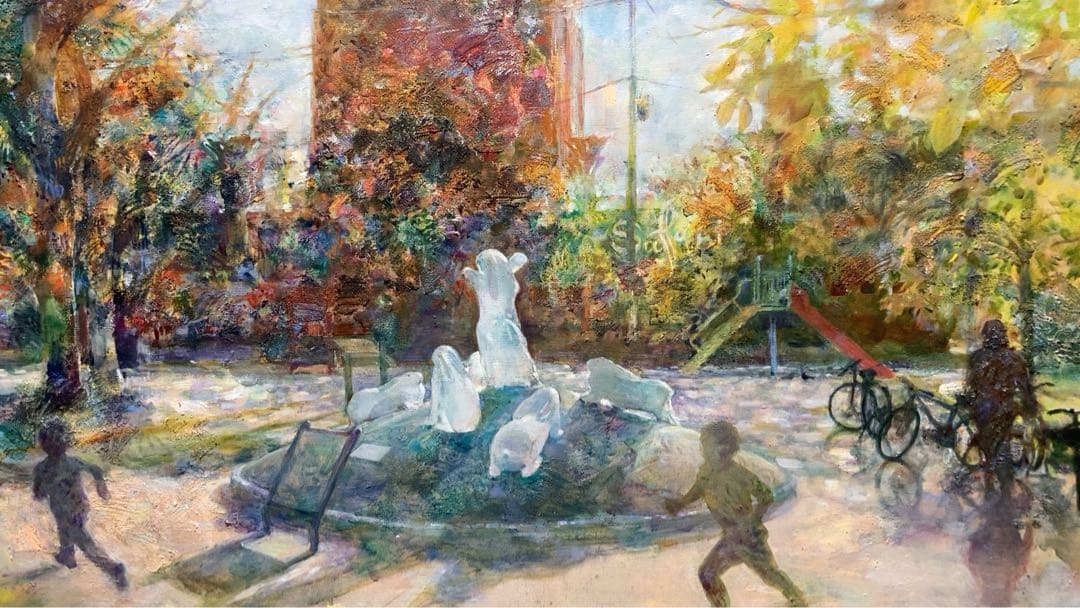 油絵　F30号　絵画　印象画　肉筆　油画　木漏れ日　広場　こどもたち　キャンバス