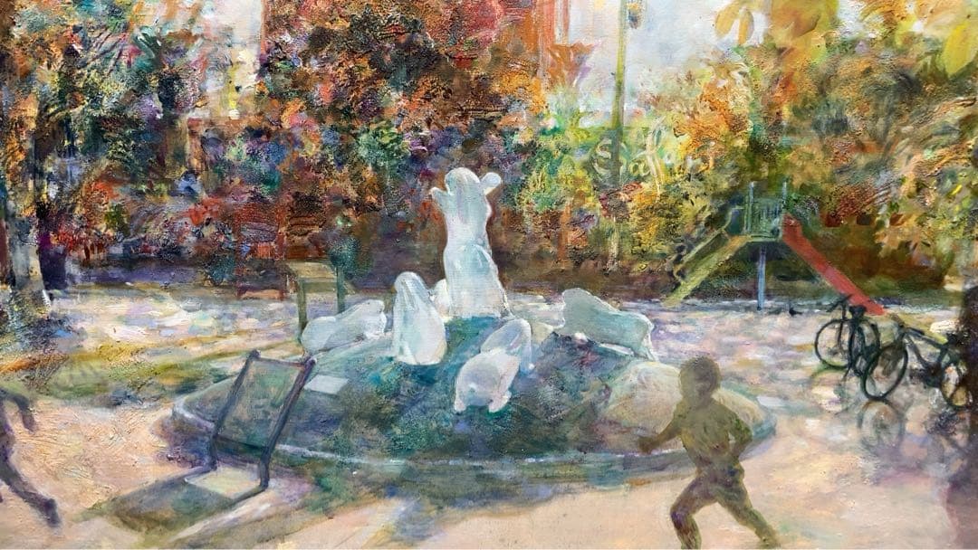 油絵　F30号　絵画　印象画　肉筆　油画　木漏れ日　広場　こどもたち　キャンバス