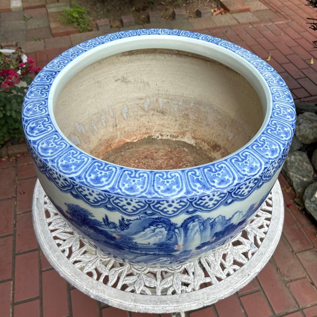 中国骨董50年以上旧蔵唐物 染付手絵山水紋大鉢 火鉢、金魚鉢、睡蓮鉢、水槽に兼用