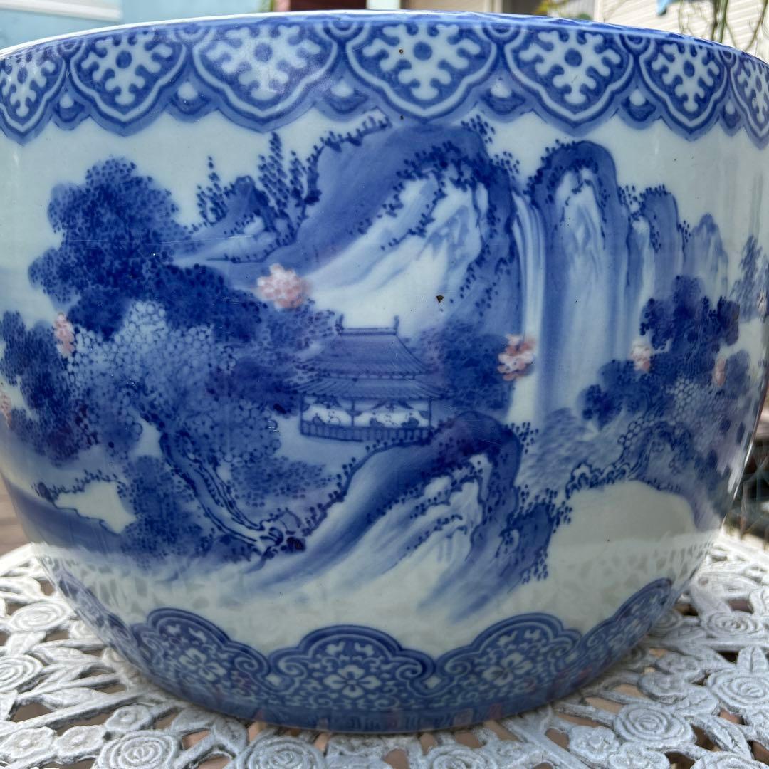 中国骨董50年以上旧蔵唐物 染付手絵山水紋大鉢 火鉢、金魚鉢、睡蓮鉢、水槽に兼用