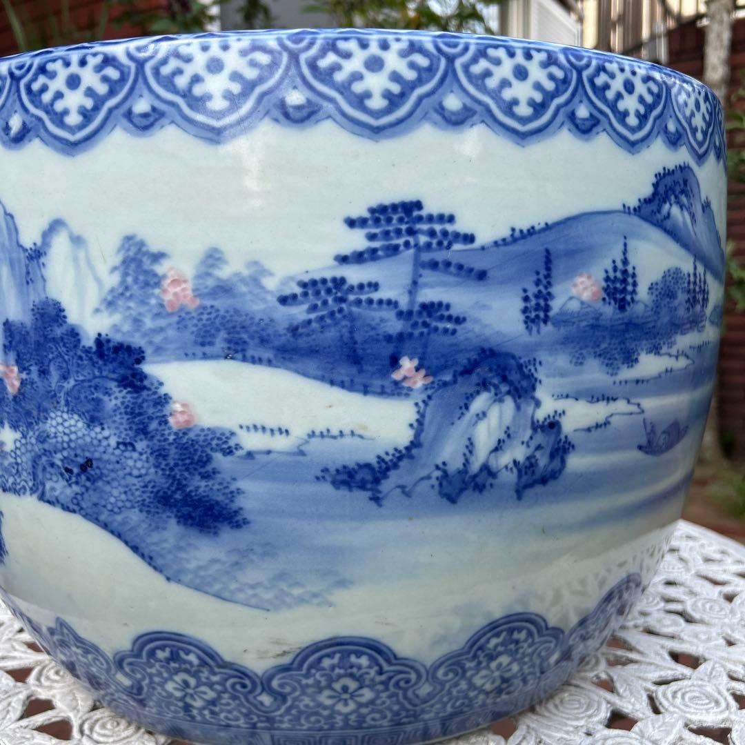 中国骨董50年以上旧蔵唐物 染付手絵山水紋大鉢 火鉢、金魚鉢、睡蓮鉢、水槽に兼用