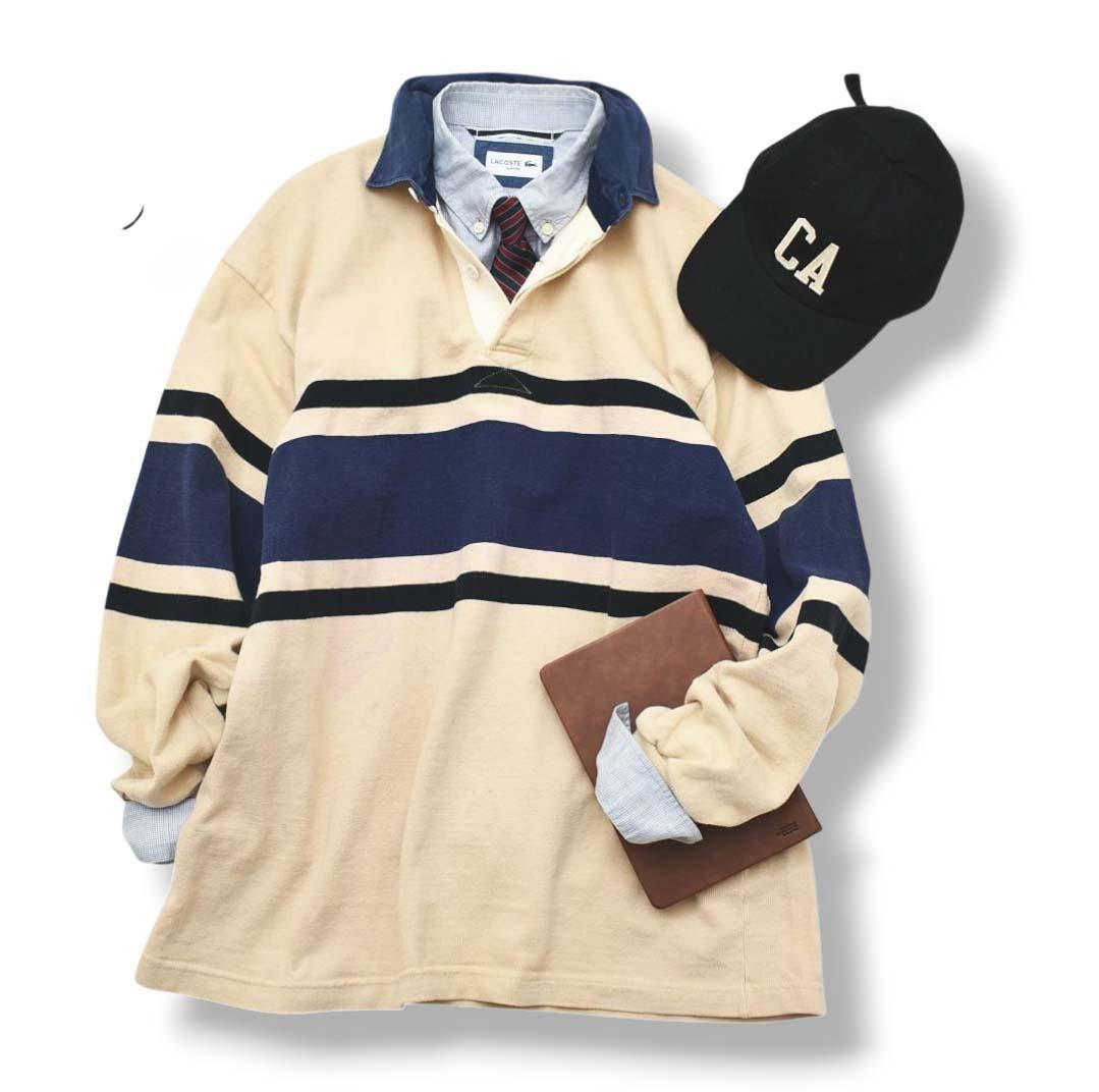 カナダ製 バーバリアン 長袖 ラガー シャツ XL ボーダー ベージュxネイビー