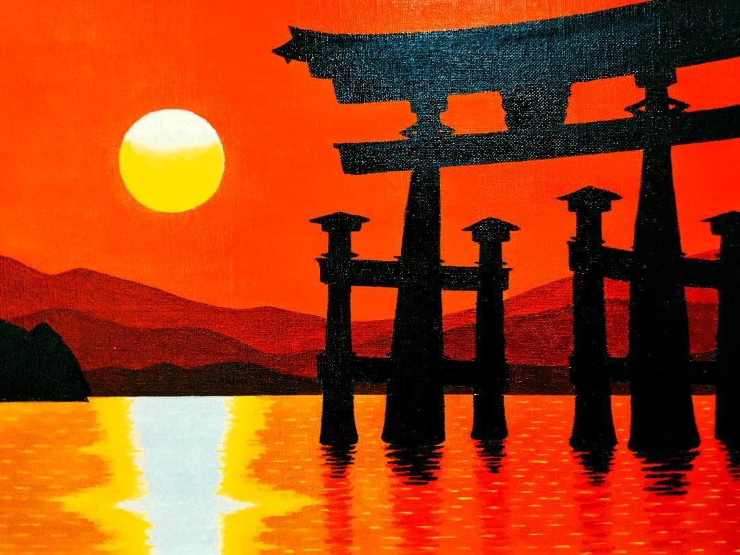 ★厳島神社鳥居・肉筆油彩画・F6キャンバス