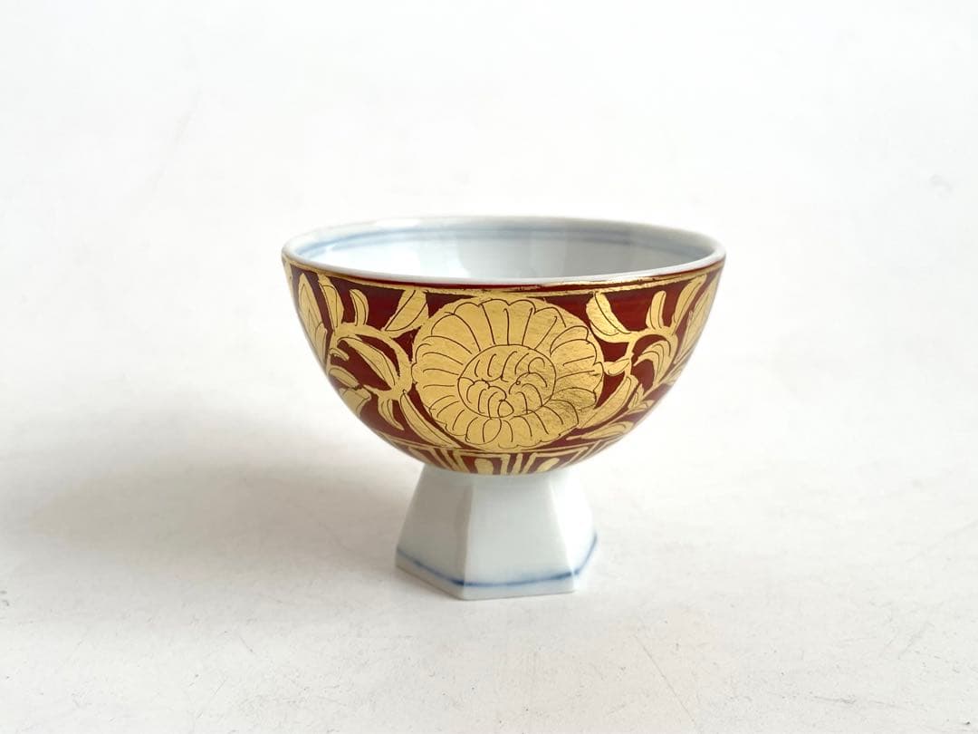 陶芸家　小野珀子　金襴手　酒盃　馬上杯　高脚杯　ぐい呑　酒器　共箱　九谷焼　猪口