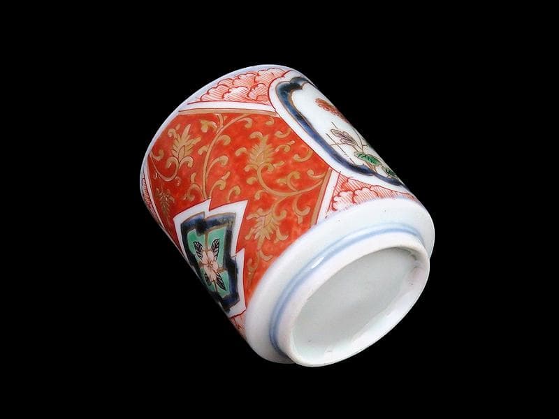 古伊万里　色絵　窓絵　花に金唐草図　のぞき 猪口　D802AS-CYg