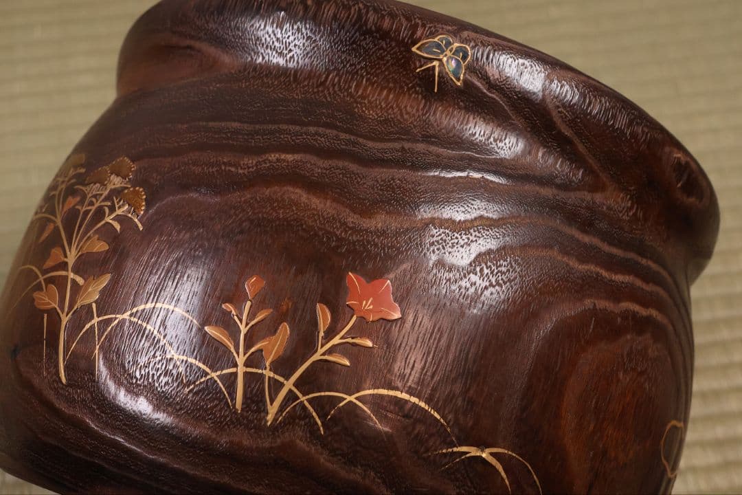 小菊蒔絵 桐火鉢 一対 幅29cm 草花 蝶 螺鈿 金蒔絵 古民具【MB104】