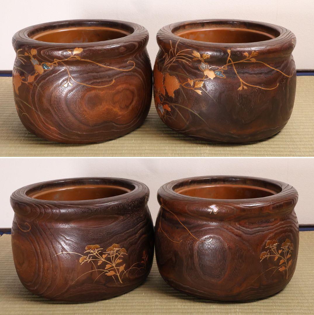 小菊蒔絵 桐火鉢 一対 幅29cm 草花 蝶 螺鈿 金蒔絵 古民具【MB104】