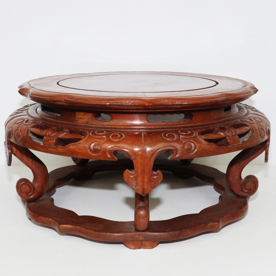 唐木　花台　盆栽台　透かし彫丸卓　卓