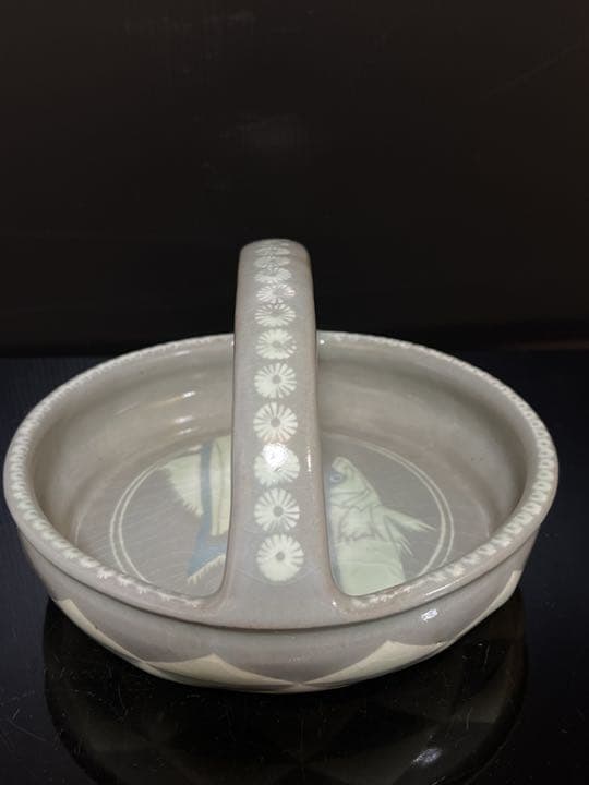 十三代 中里太郎右衛門 本人作 唐津青磁象嵌 鱚文 手付鉢 桐共箱 茶道具