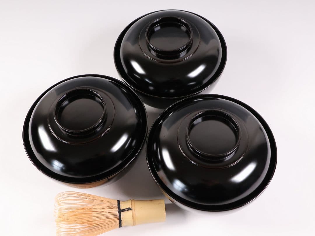 【MB196】輪島塗 天然木漆塗 黒塗椀 三客 蒔絵 大和絵 源氏絵 人物 昭和