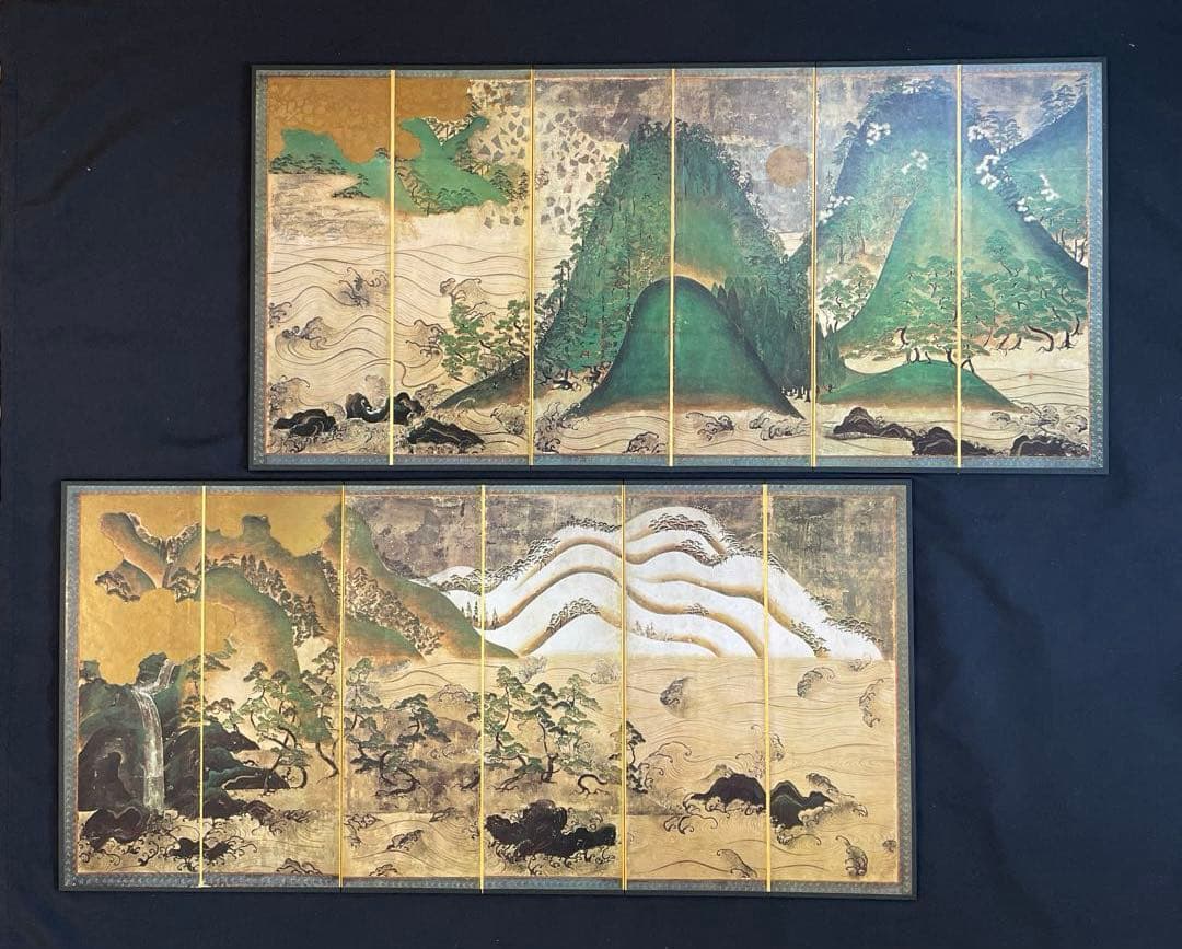 便利堂 縮小屏風「日月山水図屏風」重文表記（国宝指定前ロット）日本美術　美術史