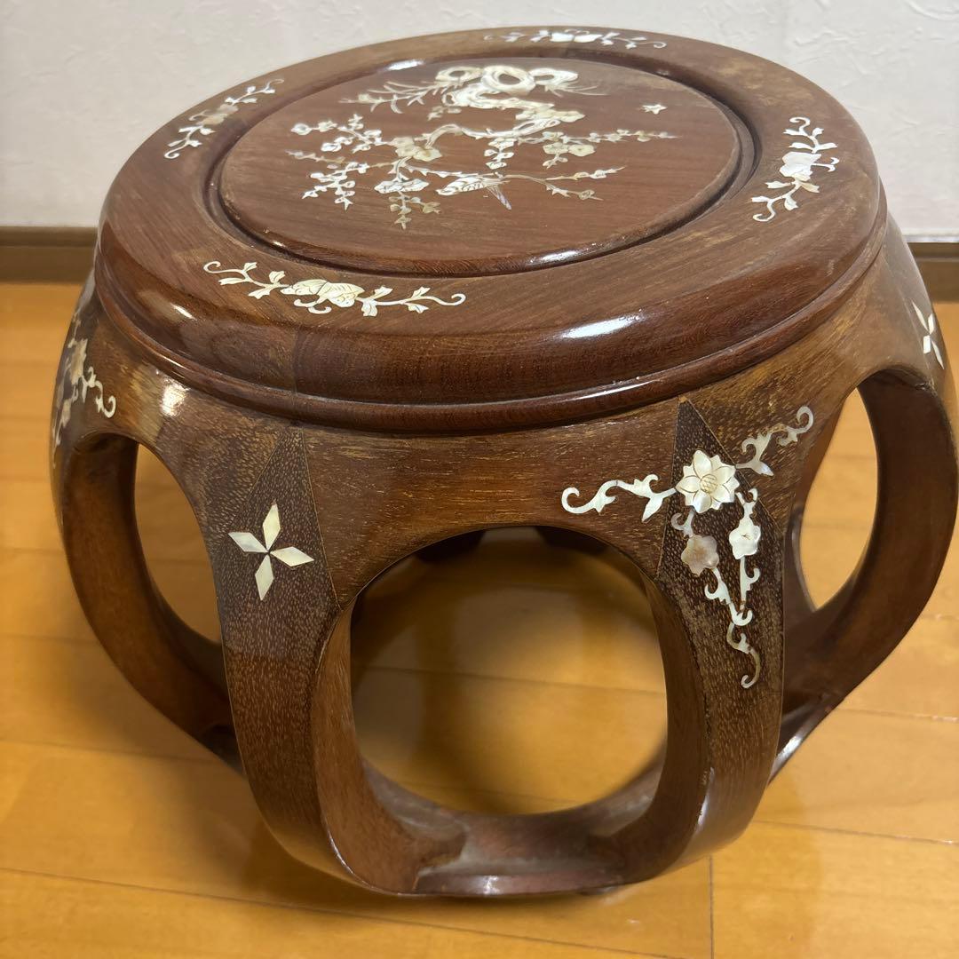 【美品】花梨 螺鈿細工 丸椅子 スツール 腰掛け 中国美術 工芸品 レトロ