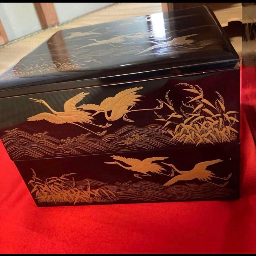 漆器 重箱 金色の鶴と波模様　輪島塗