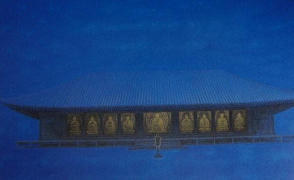 山崎忠明、【浄瑠璃寺の夜】、希少な額装用画集より、新品額装付、状態良好