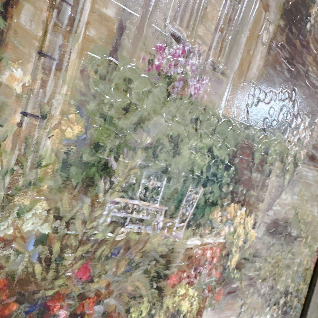 【美品】ロンゴ『パティオガーデン 階段と花壇』風景画 額装 大型 縦76×横91