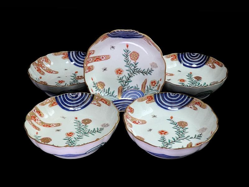 古伊万里　金襴手　撫子に桜花の図　膾皿　５客　D129AS-DAp