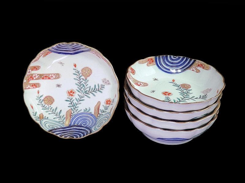 古伊万里　金襴手　撫子に桜花の図　膾皿　５客　D129AS-DAp