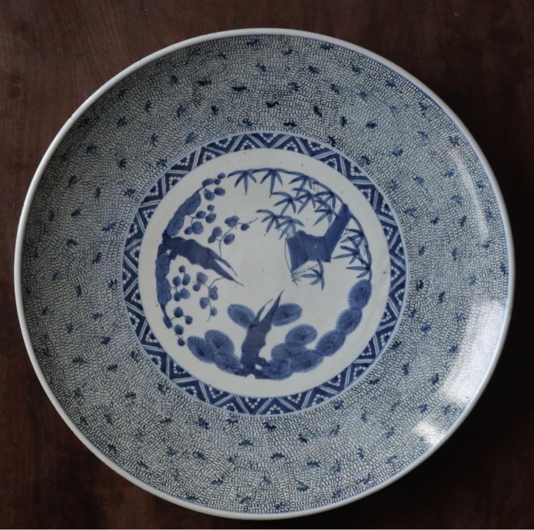江戸時代　後期　古伊万里　微塵唐草　松竹梅文　大皿　飾皿　額皿　陶額　尺三寸