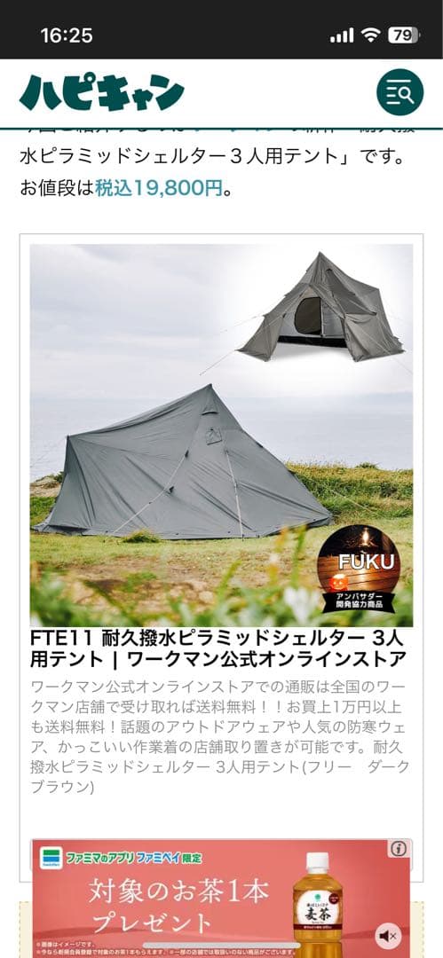 ワークマン　耐久撥水ピラミッドシェルター 3人用テント