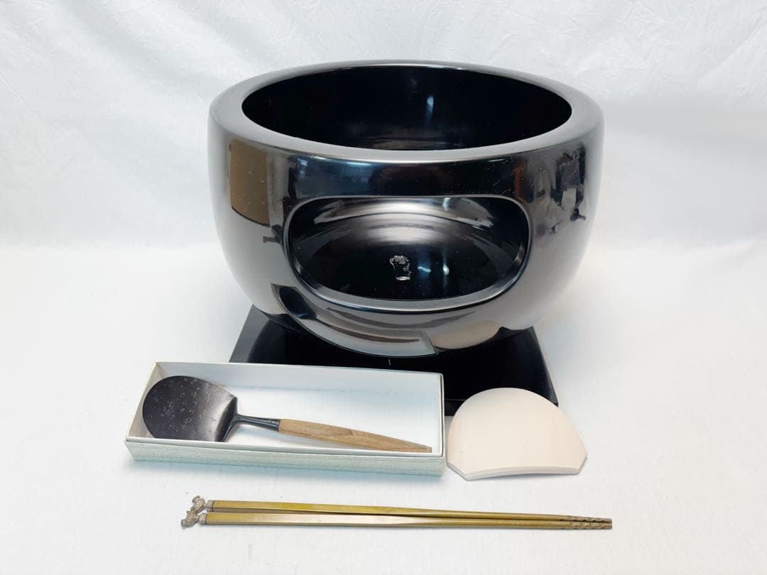 未使用 茶道具 月松斎造 尺一 黒塗 眉風炉 陶印 灰匙 火箸 前瓦 敷板 元箱