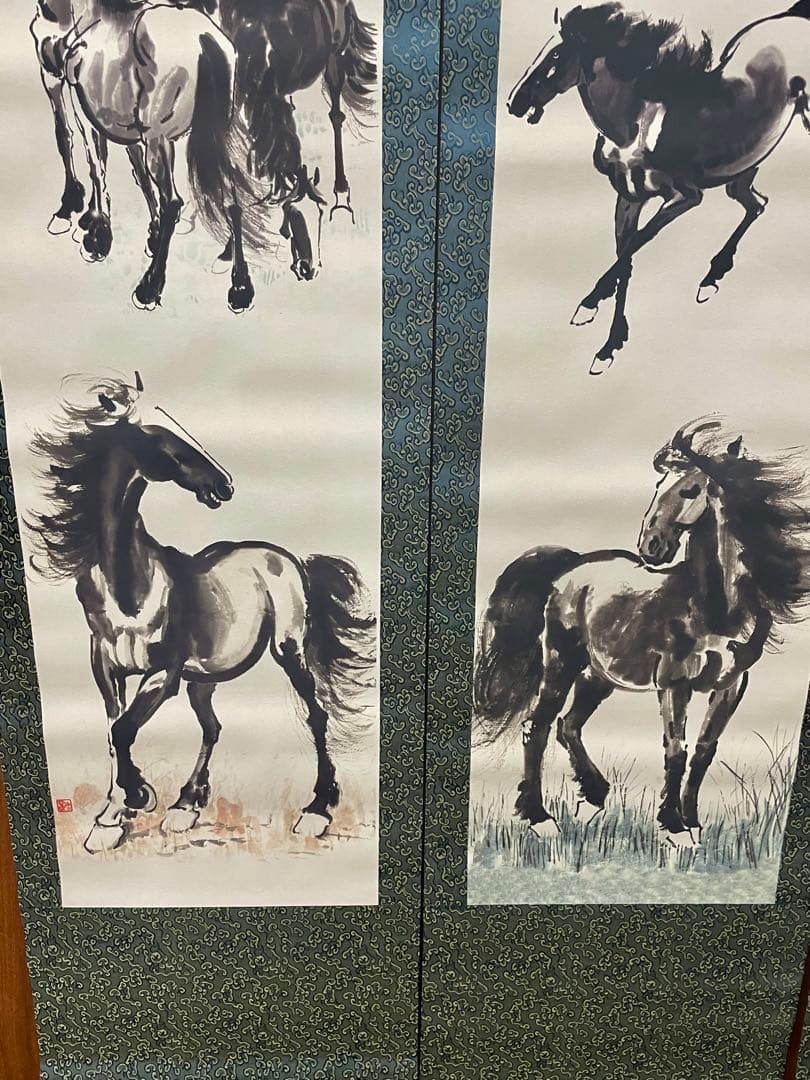 中国美術品・名家手描き駿馬彩畫4條塀掛軸・水彩畫・徐悲鴻印款・肉筆・掛軸　証書付