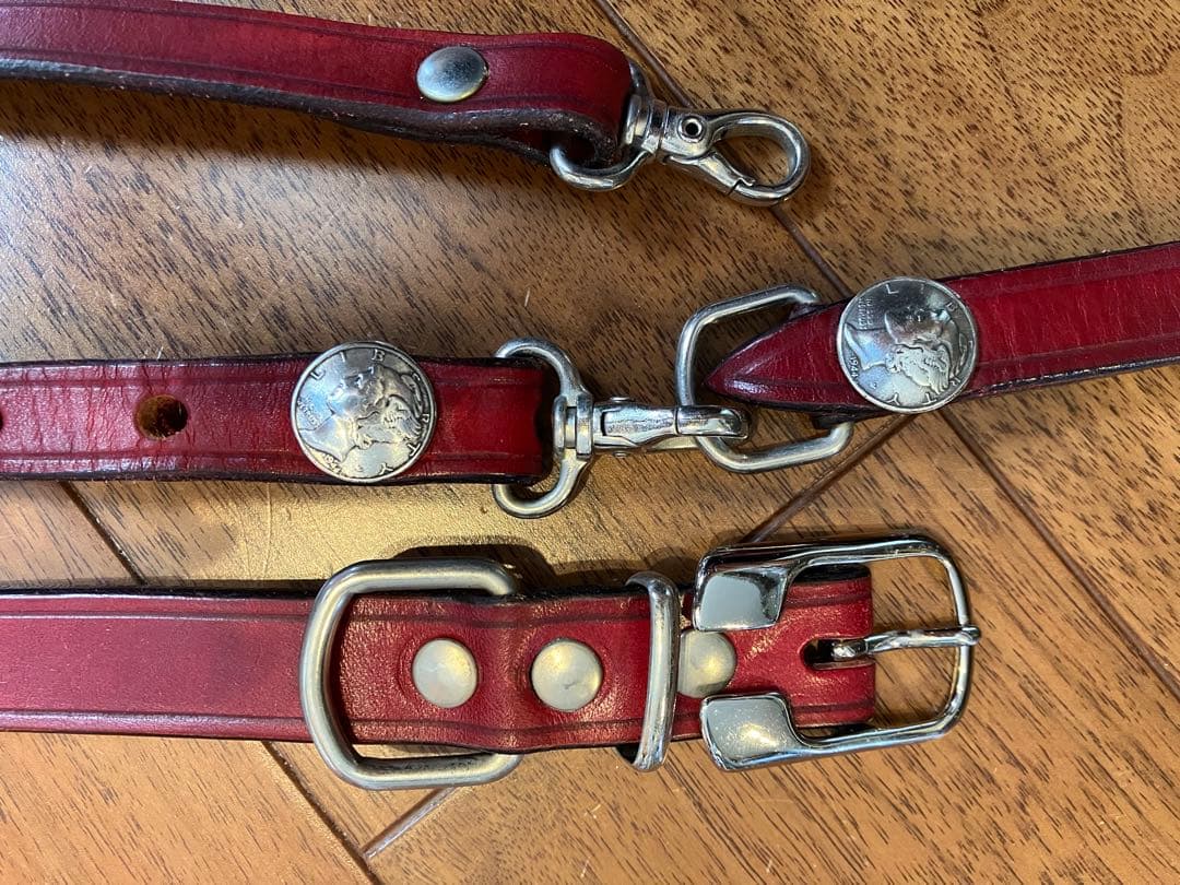 本革　首輪・リードセット　赤