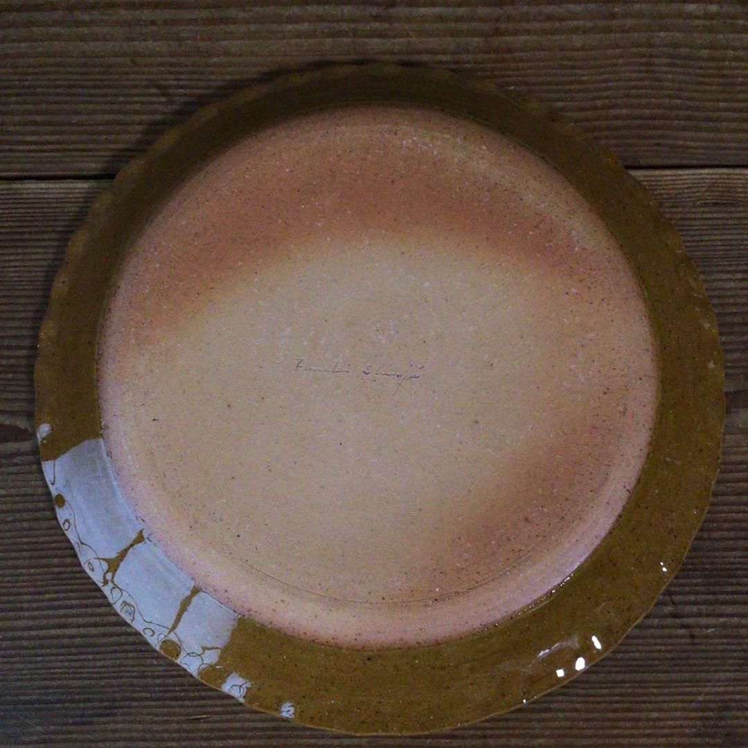 No4975 布志名焼　船木伸児　緑釉丸皿　共箱/栞付　島根県　民藝　送料無料