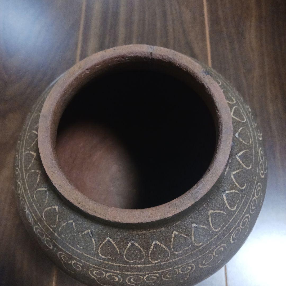 細川藩御用釜　時代　八代焼(高田焼)象嵌小壺　古美術